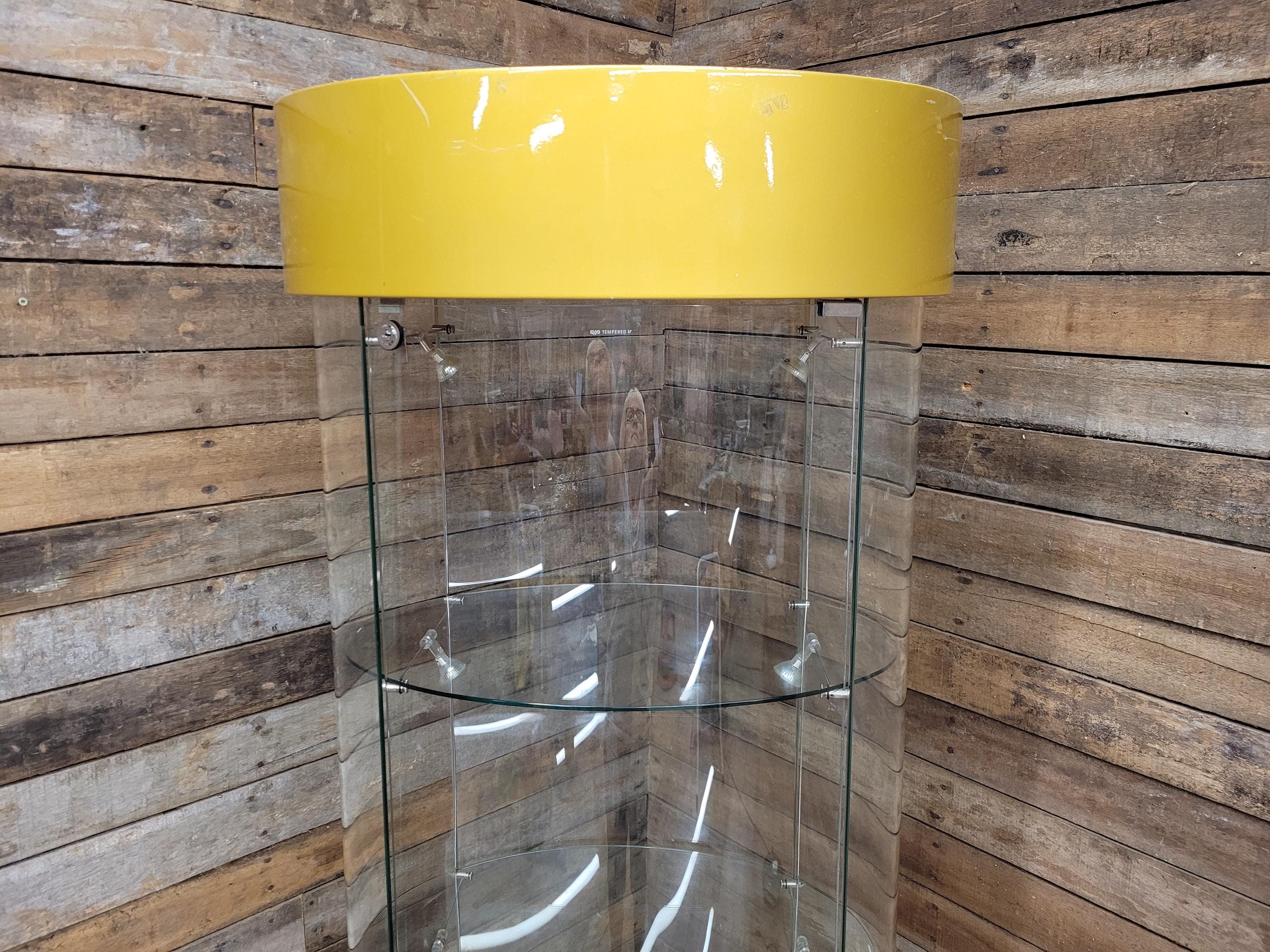 Vintage Glass Display Cabinet Illuminated Curved Lockable On Casters Yellow