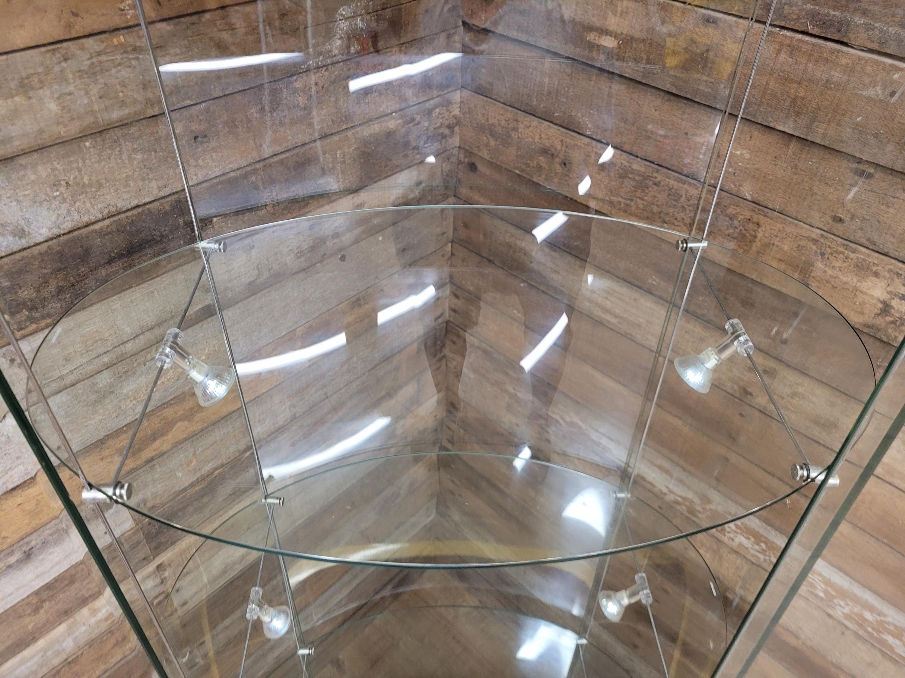 Vintage Glass Display Cabinet Illuminated Curved Lockable On Casters Yellow