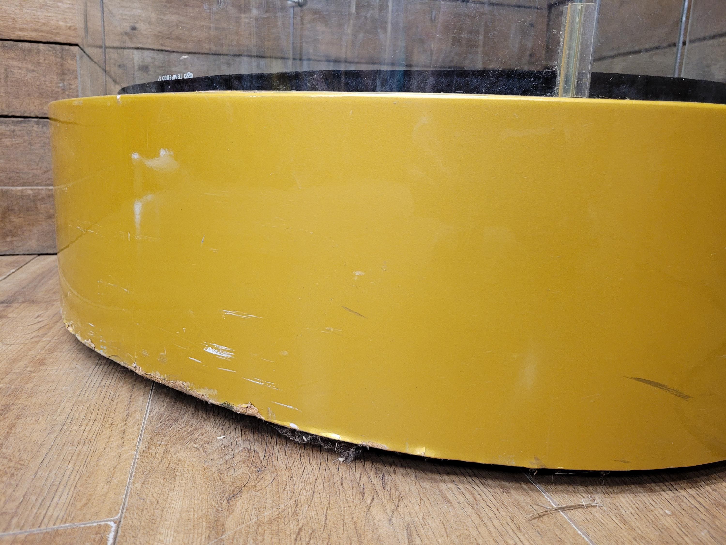 Vintage Glass Display Cabinet Illuminated Curved Lockable On Casters Yellow