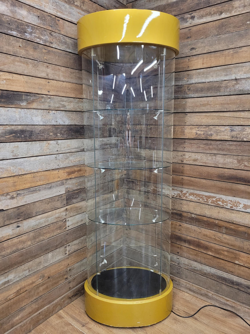 Vintage Glass Display Cabinet Illuminated Curved Lockable On Casters Yellow
