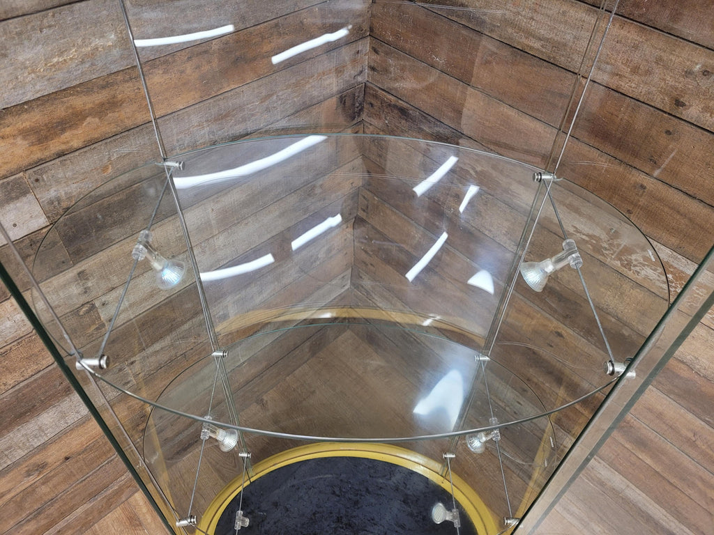 Vintage Glass Display Cabinet Illuminated Curved Lockable On Casters Yellow
