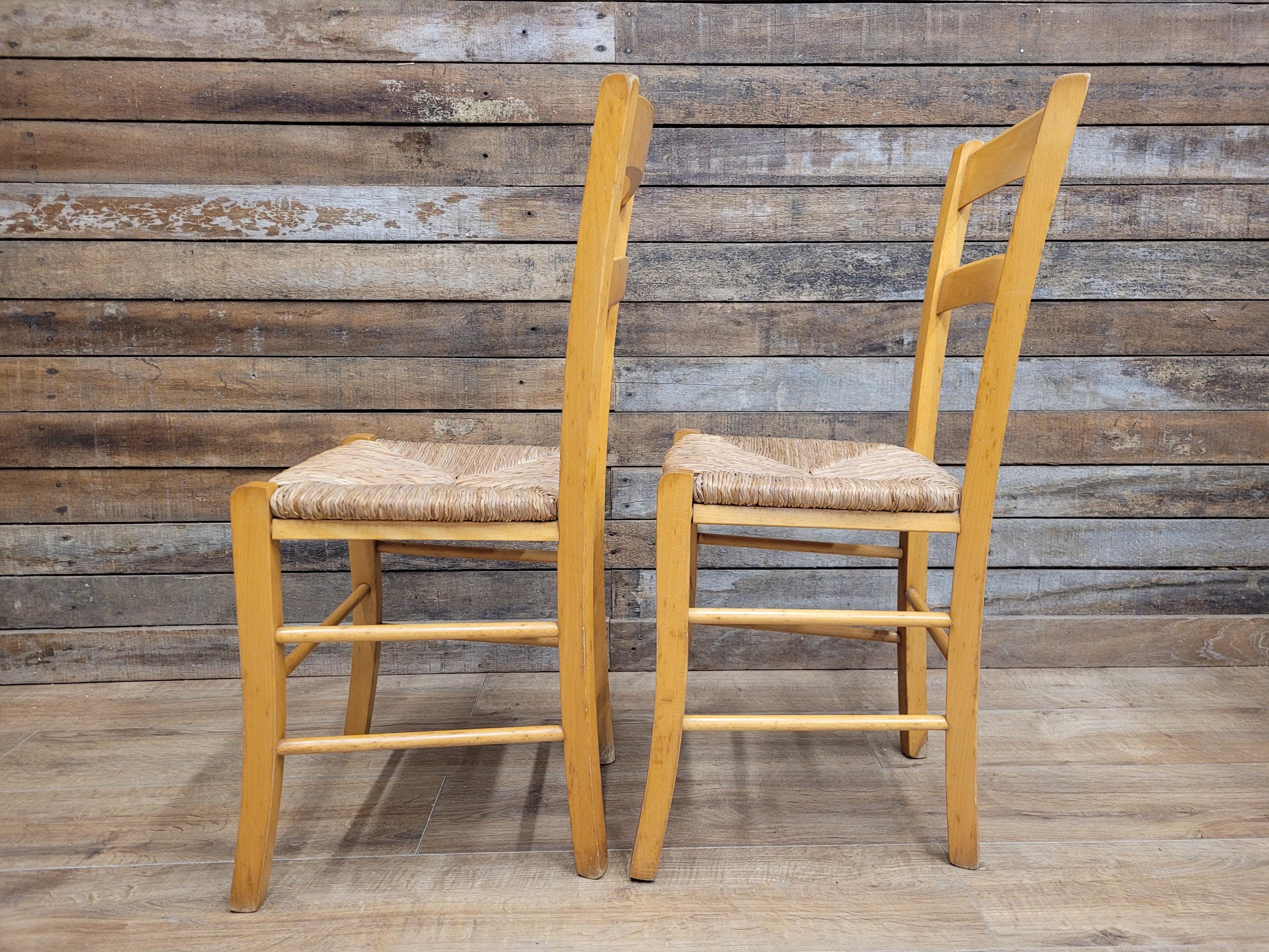 Pair Chairs Beech Country Ladder Back Rush Seat Rustic Country House Style