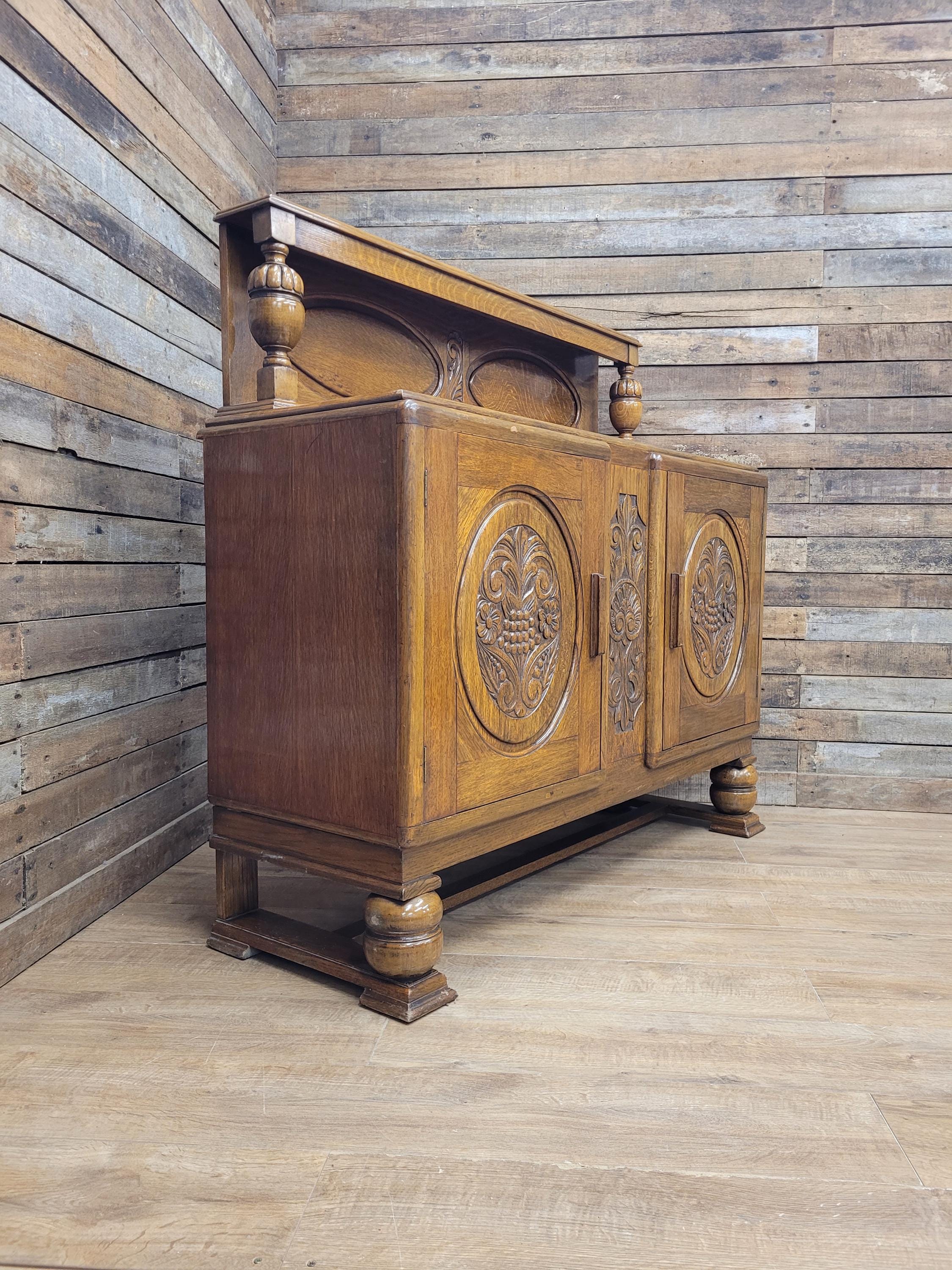 Vintage Sideboard Oak Jacobean Revival Carved Two Door Drinks Cabinet