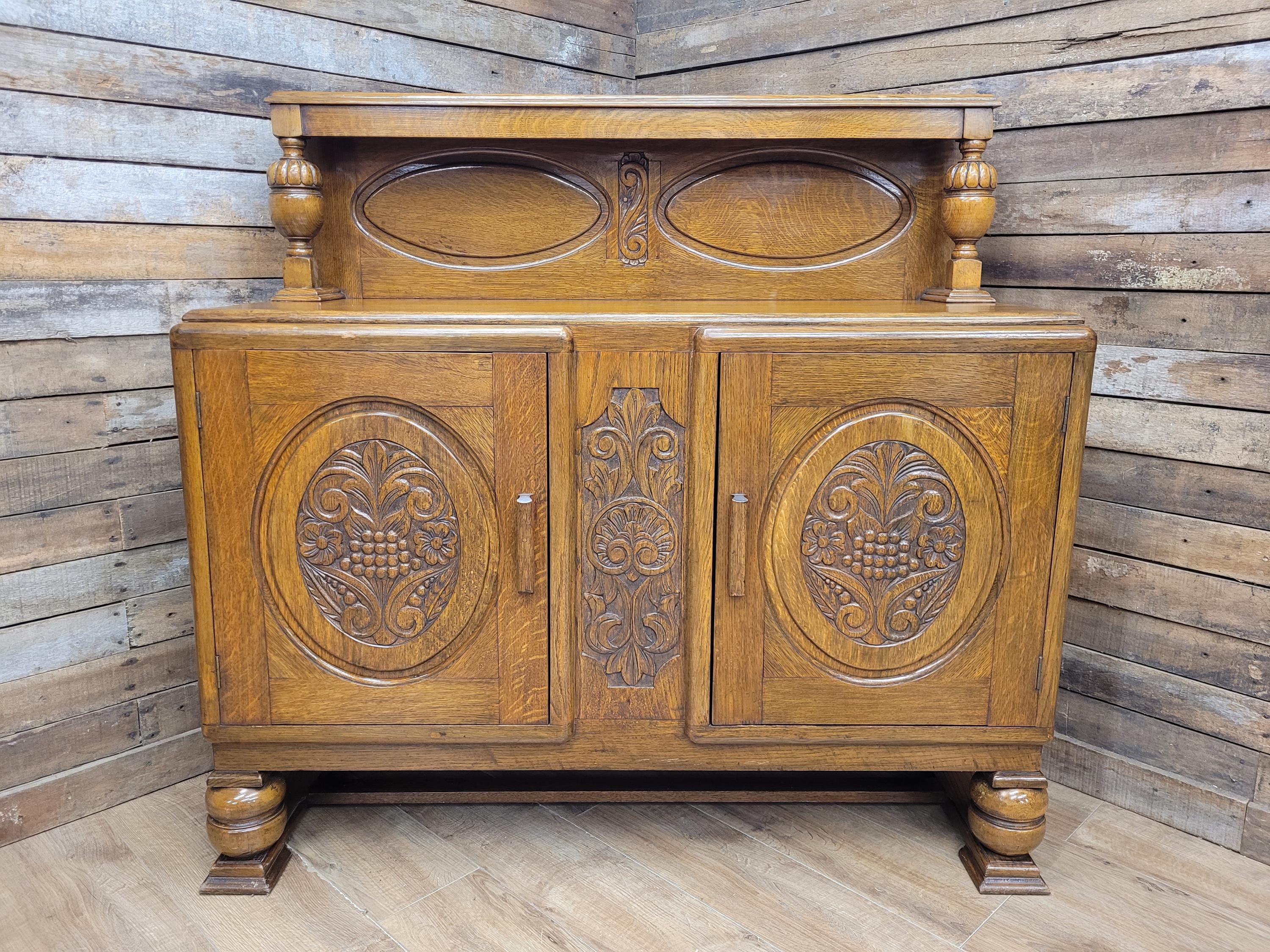 Vintage Sideboard Oak Jacobean Revival Carved Two Door Drinks Cabinet