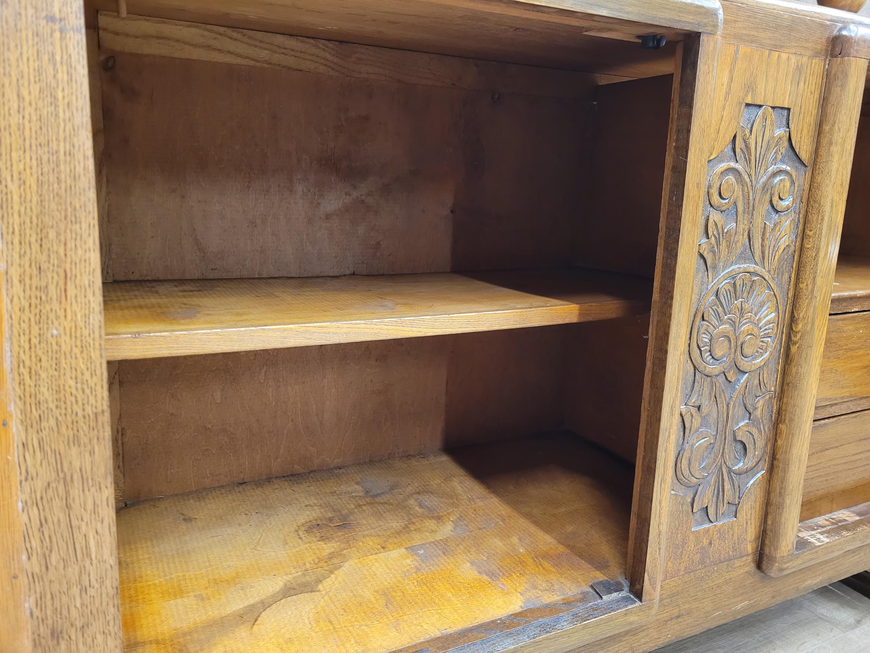 Vintage Sideboard Oak Jacobean Revival Carved Two Door Drinks Cabinet