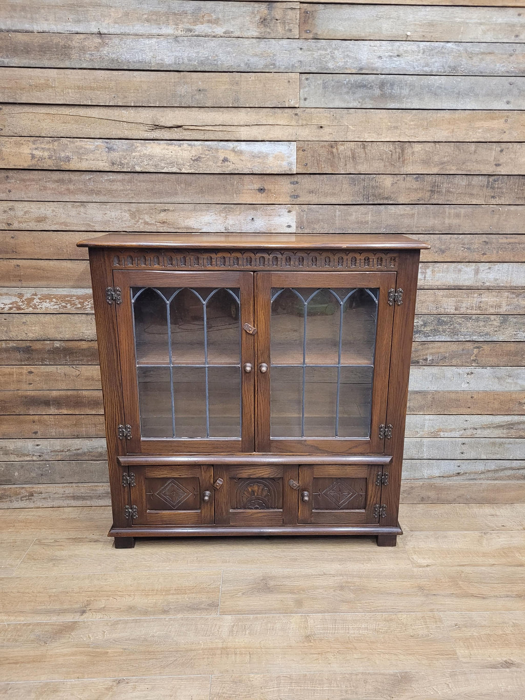 Bevan Funnell Display Cabinet Oak Reprodux Leaded Glass Vintage