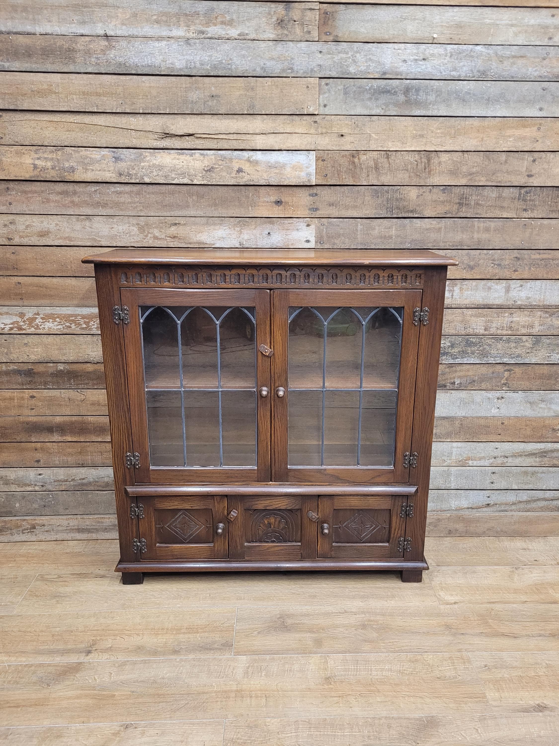 Bevan Funnell Display Cabinet Oak Reprodux Leaded Glass Vintage