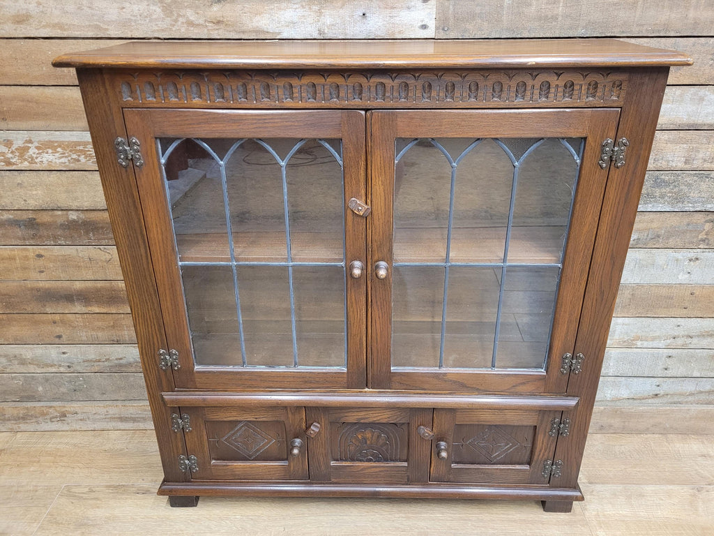 Bevan Funnell Display Cabinet Oak Reprodux Leaded Glass Vintage