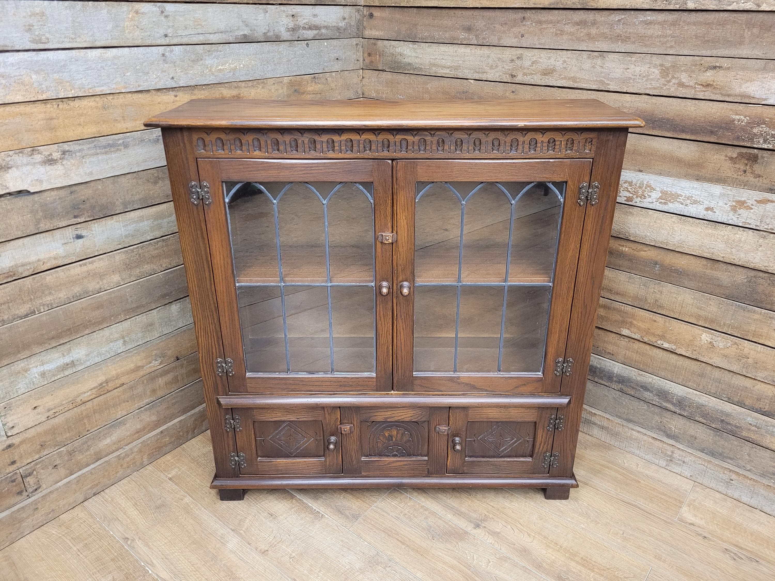 Bevan Funnell Display Cabinet Oak Reprodux Leaded Glass Vintage