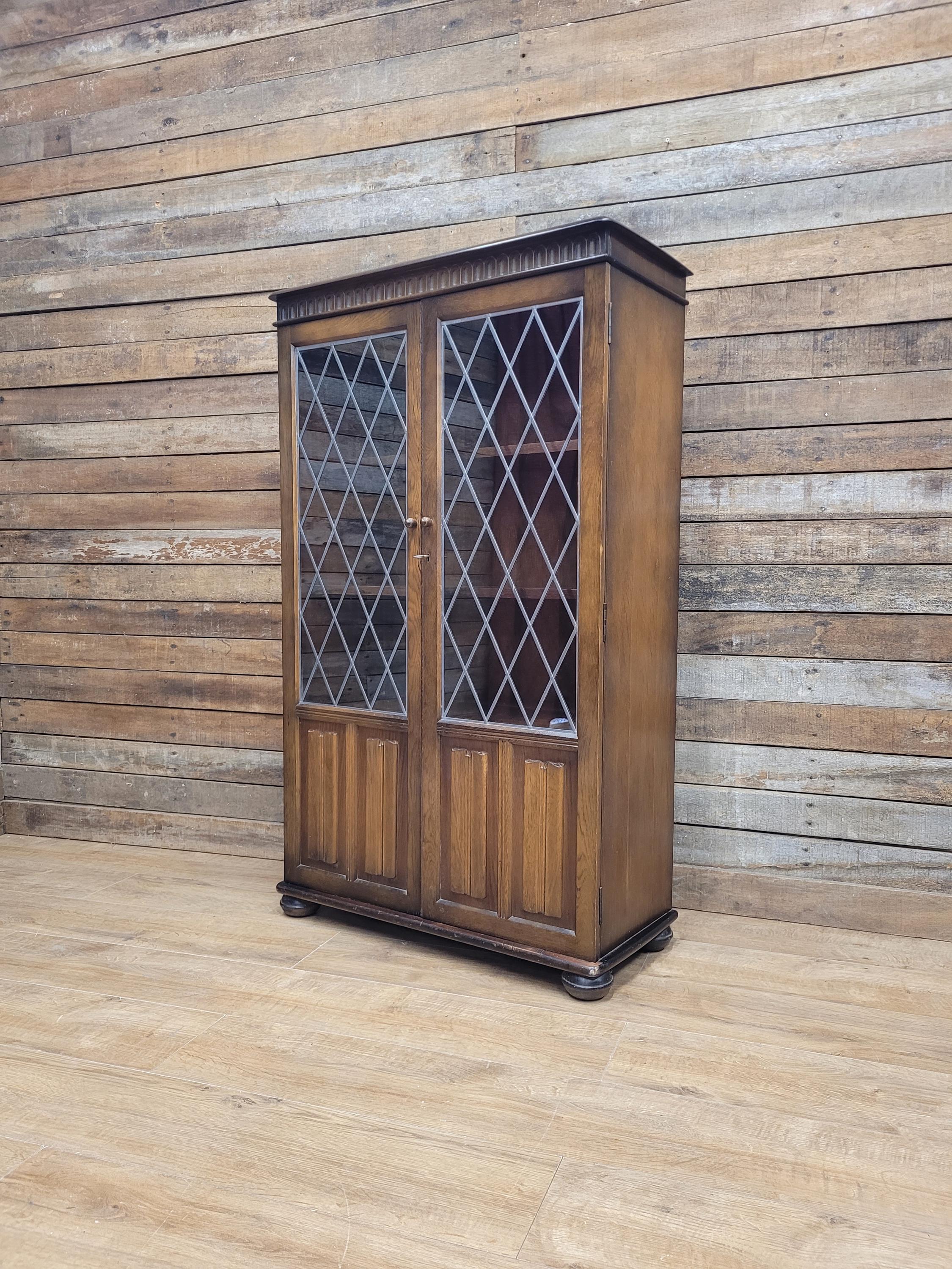Oak Glazed Bookcase Leaded Glass Jacobean Revival Linen Fold Cabinet