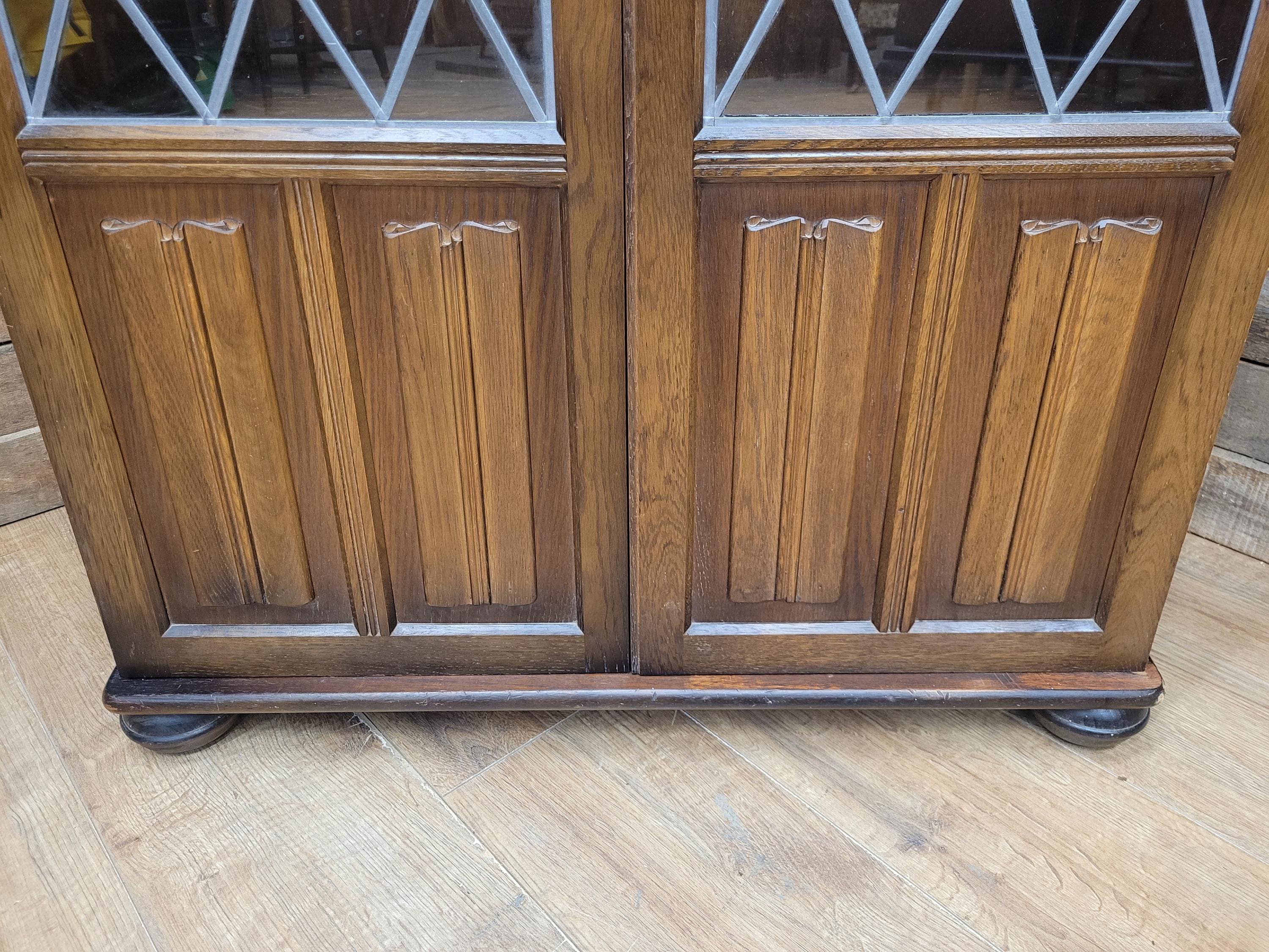 Oak Glazed Bookcase Leaded Glass Jacobean Revival Linen Fold Cabinet