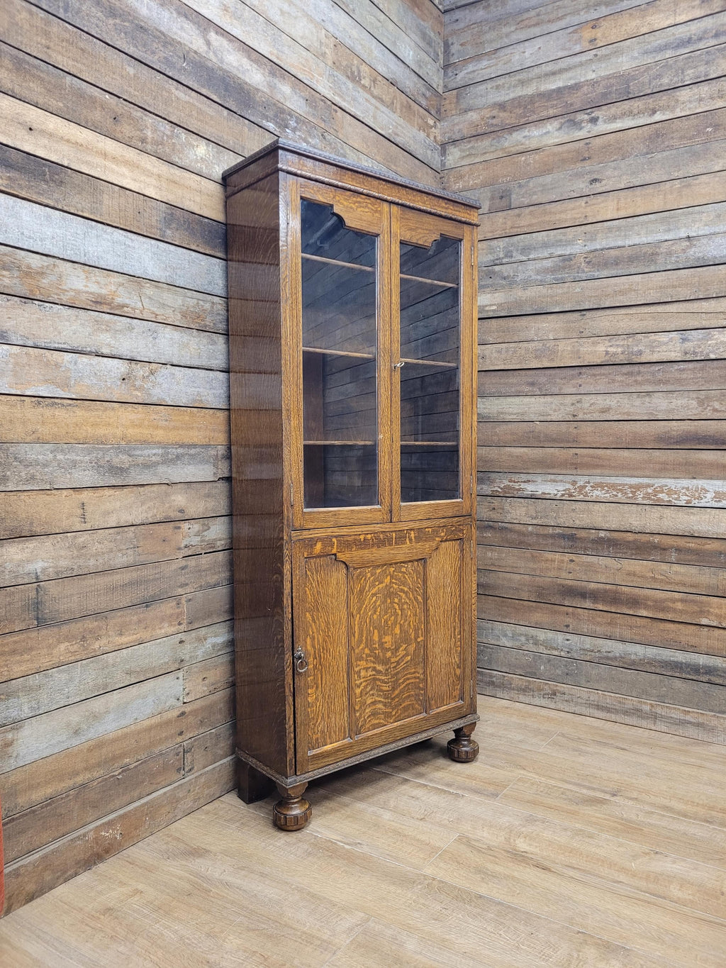 Oak Bookcase Display Cabinet Edwardian Glazed Adjustable Shelves Cupboard