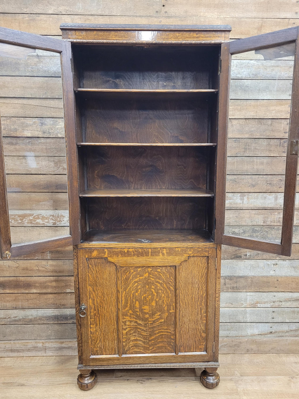 Oak Bookcase Display Cabinet Edwardian Glazed Adjustable Shelves Cupboard