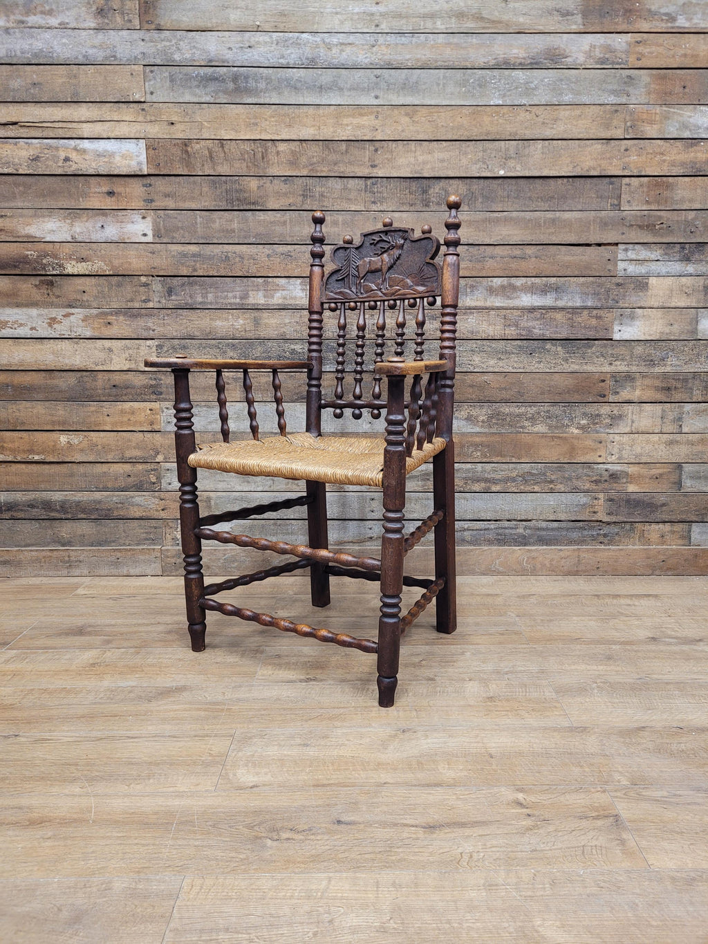 Antique Oak Armchair Victorian Carved Stag Rush Seat Bobbin Turned