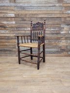 Antique Oak Armchair Victorian Carved Stag Rush Seat Bobbin Turned