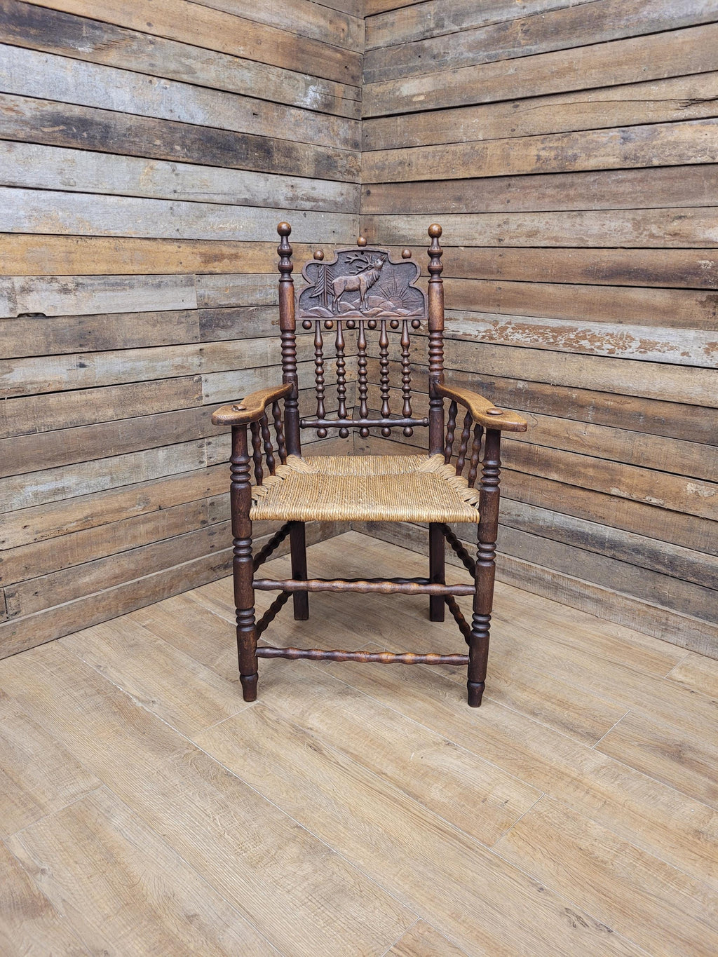 Antique Oak Armchair Victorian Carved Stag Rush Seat Bobbin Turned