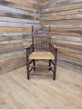 Antique Oak Armchair Victorian Carved Stag Rush Seat Bobbin Turned
