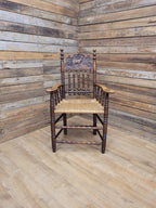 Antique Oak Armchair Victorian Carved Stag Rush Seat Bobbin Turned