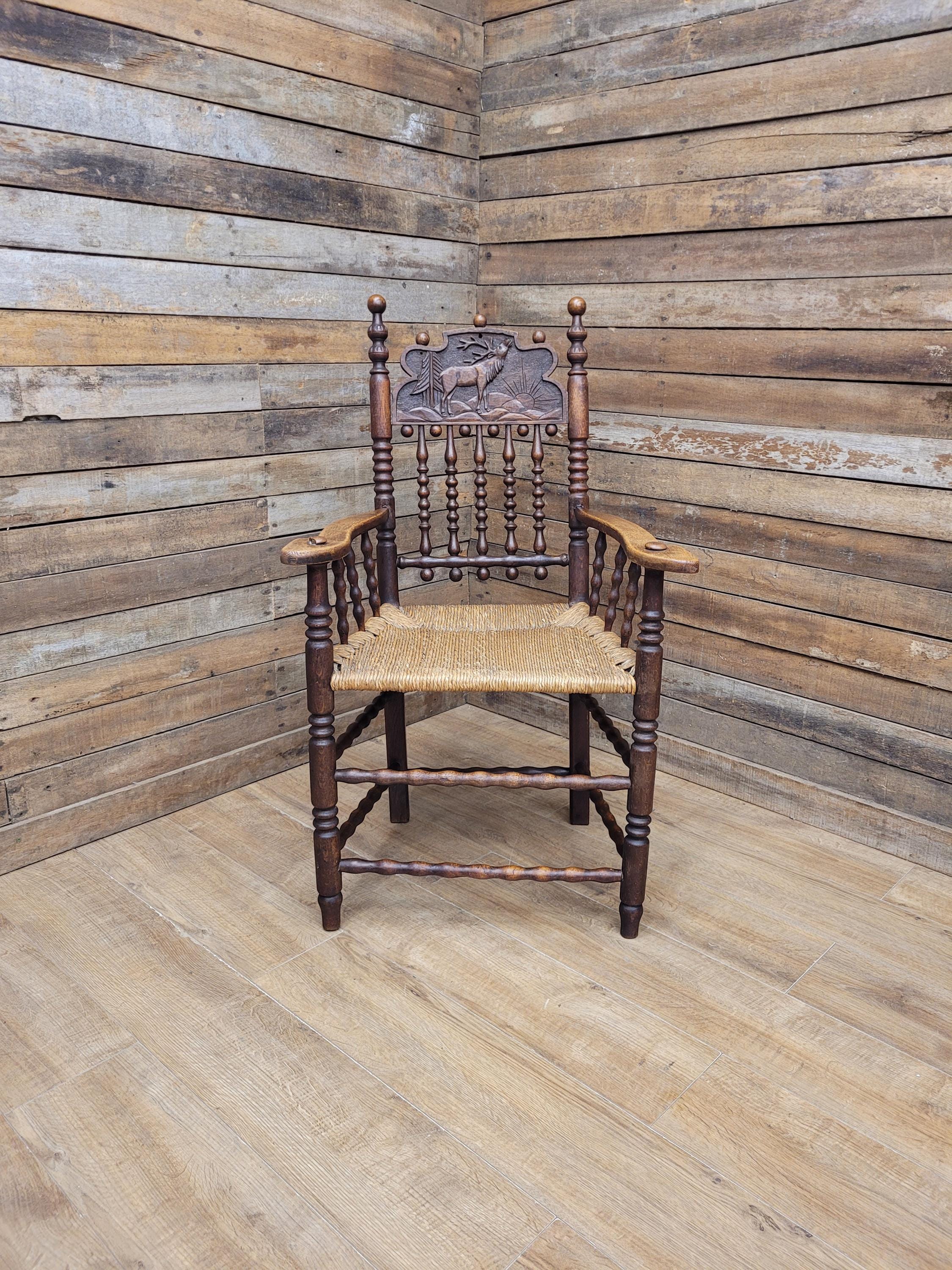 Antique Oak Armchair Victorian Carved Stag Rush Seat Bobbin Turned
