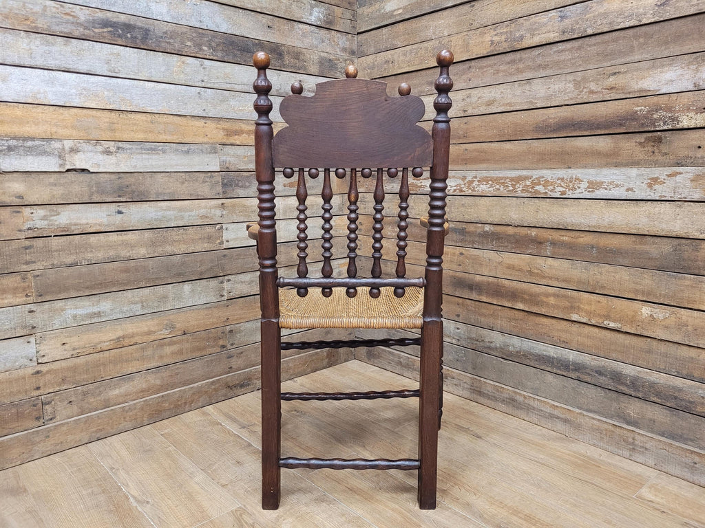 Antique Oak Armchair Victorian Carved Stag Rush Seat Bobbin Turned