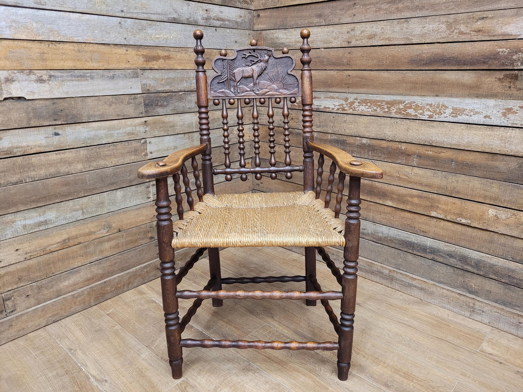 Antique Oak Armchair Victorian Carved Stag Rush Seat Bobbin Turned