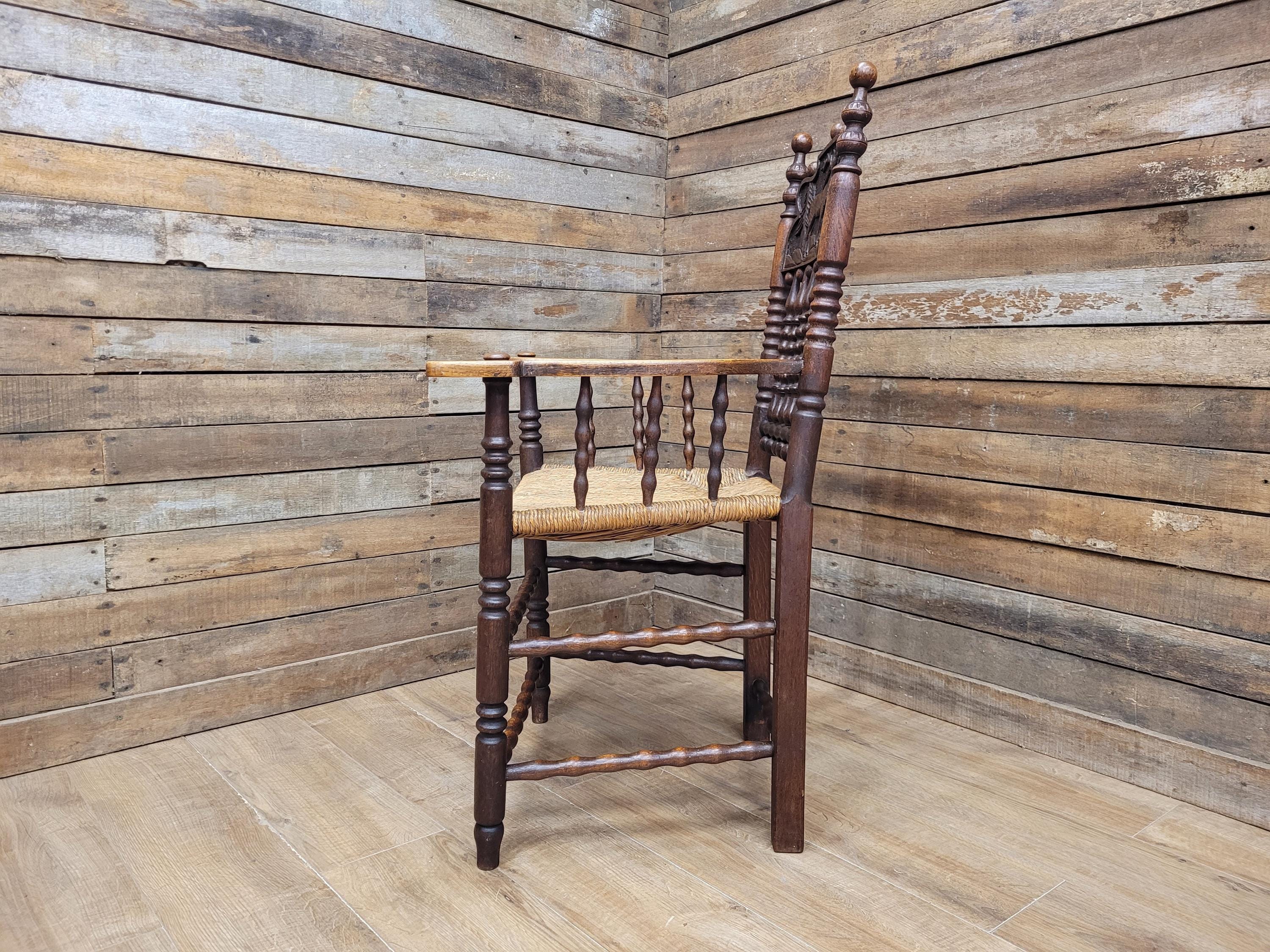 Antique Oak Armchair Victorian Carved Stag Rush Seat Bobbin Turned