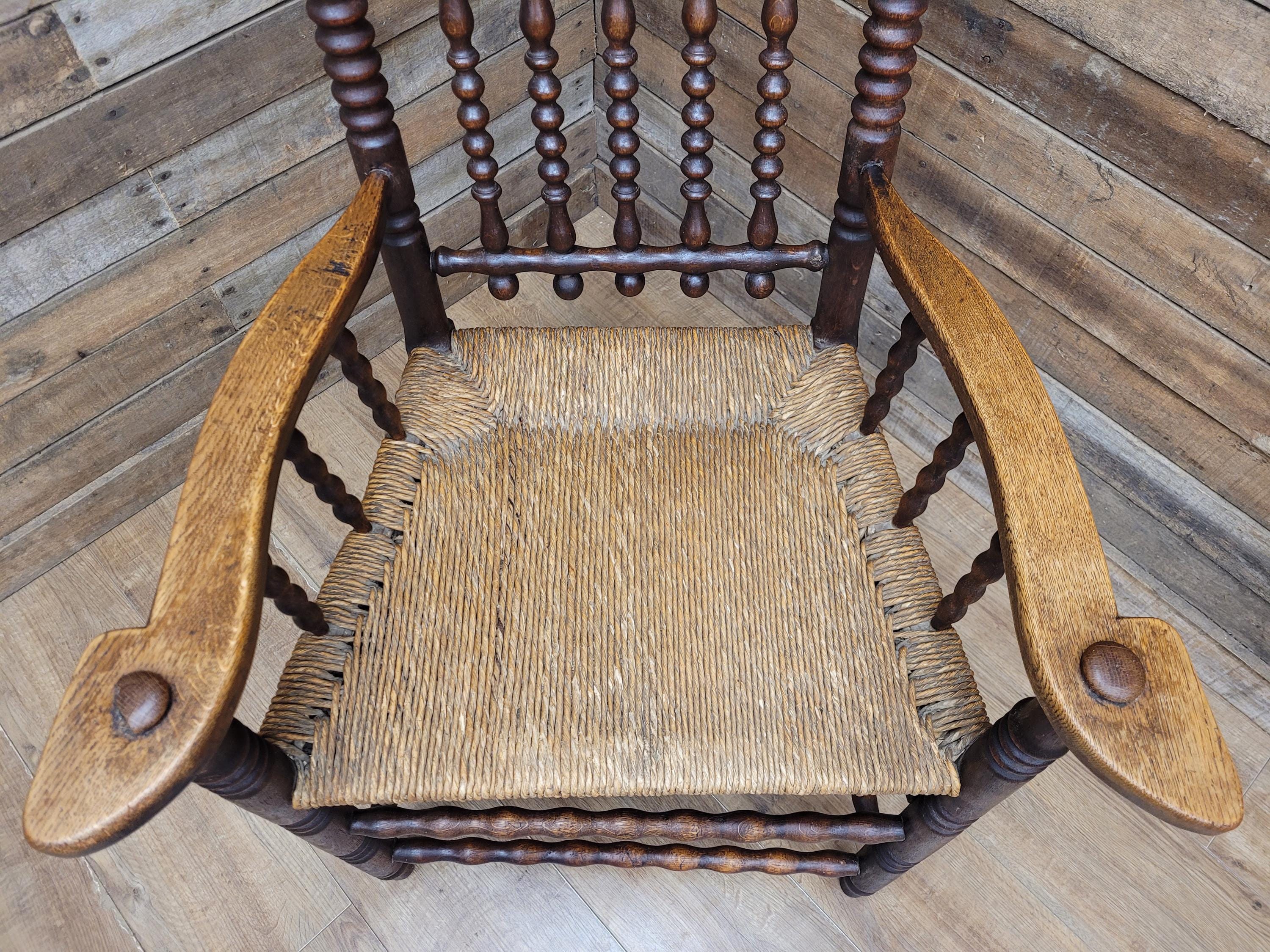 Antique Oak Armchair Victorian Carved Stag Rush Seat Bobbin Turned