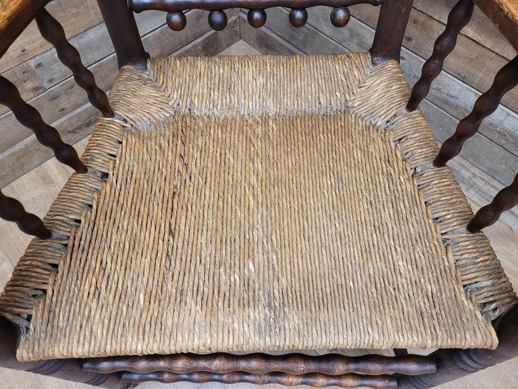 Antique Oak Armchair Victorian Carved Stag Rush Seat Bobbin Turned