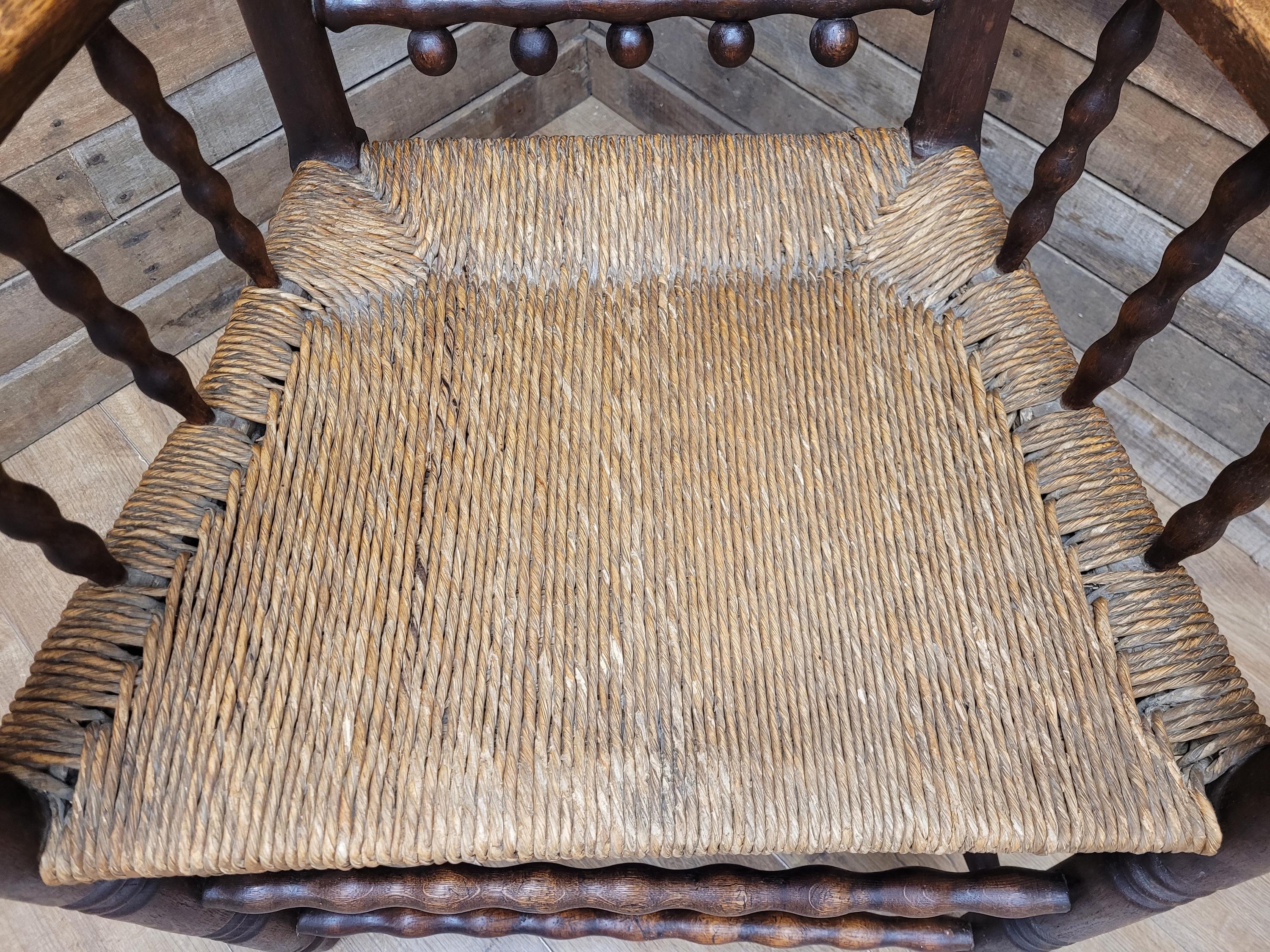 Antique Oak Armchair Victorian Carved Stag Rush Seat Bobbin Turned