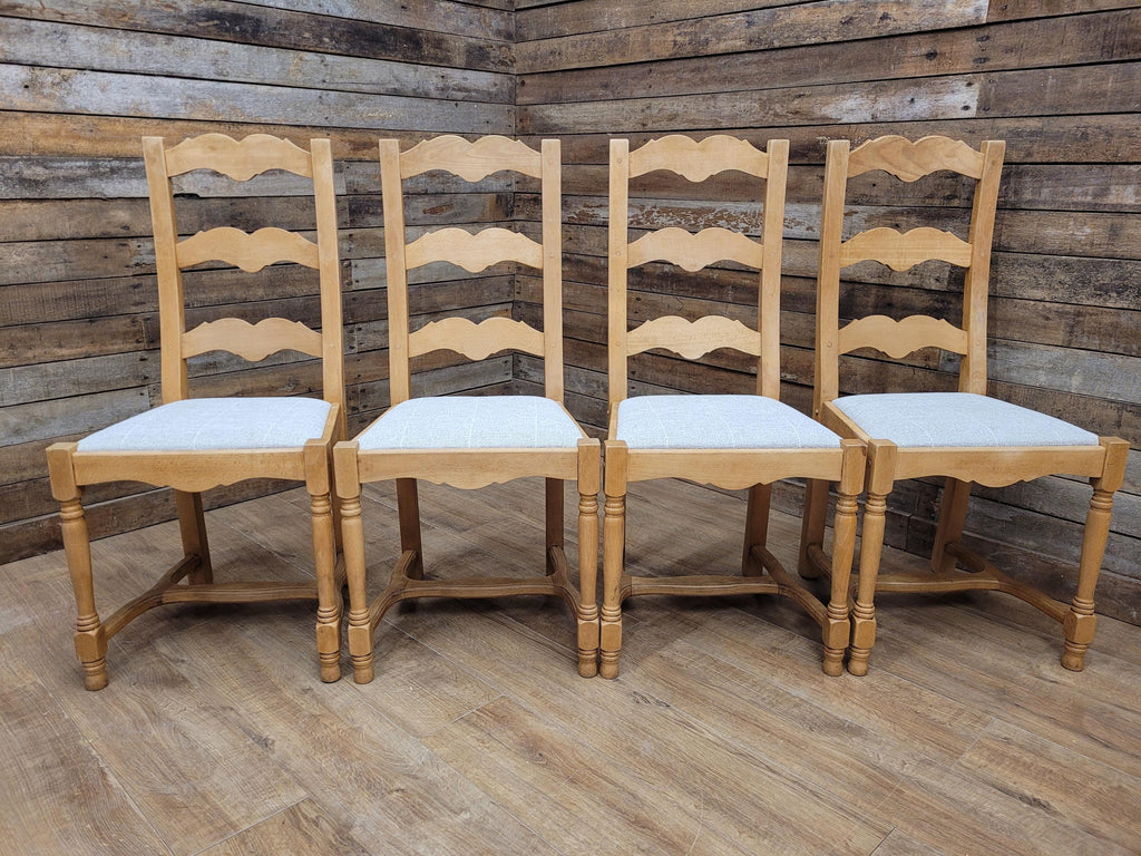 Set Of Four Beech Ladder Back Dining Chairs Upholstered Chenille Seats