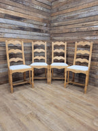 Set Of Four Beech Ladder Back Dining Chairs Upholstered Chenille Seats