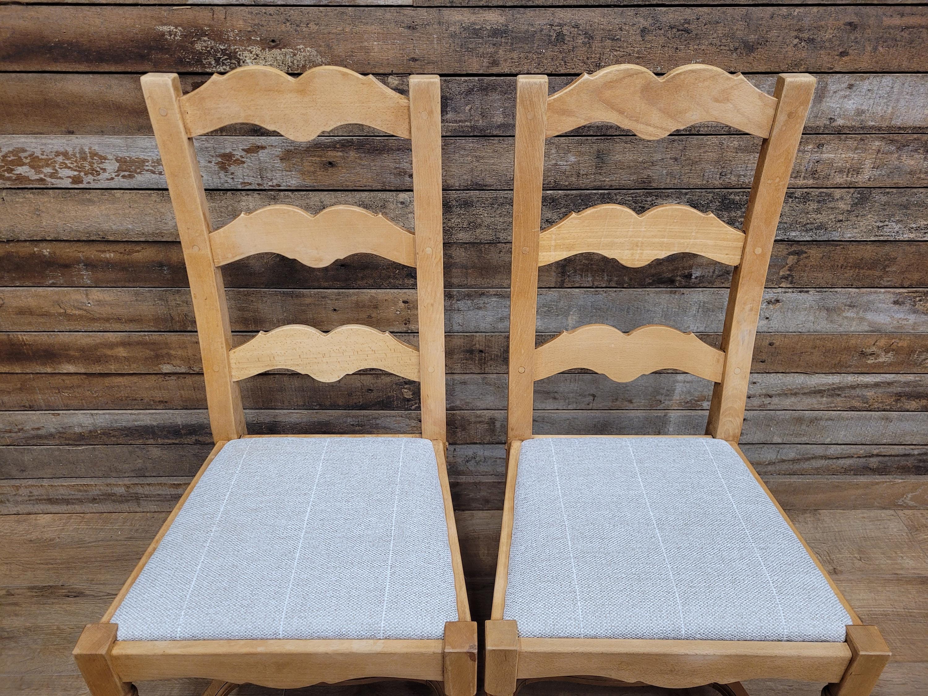 Set Of Four Beech Ladder Back Dining Chairs Upholstered Chenille Seats