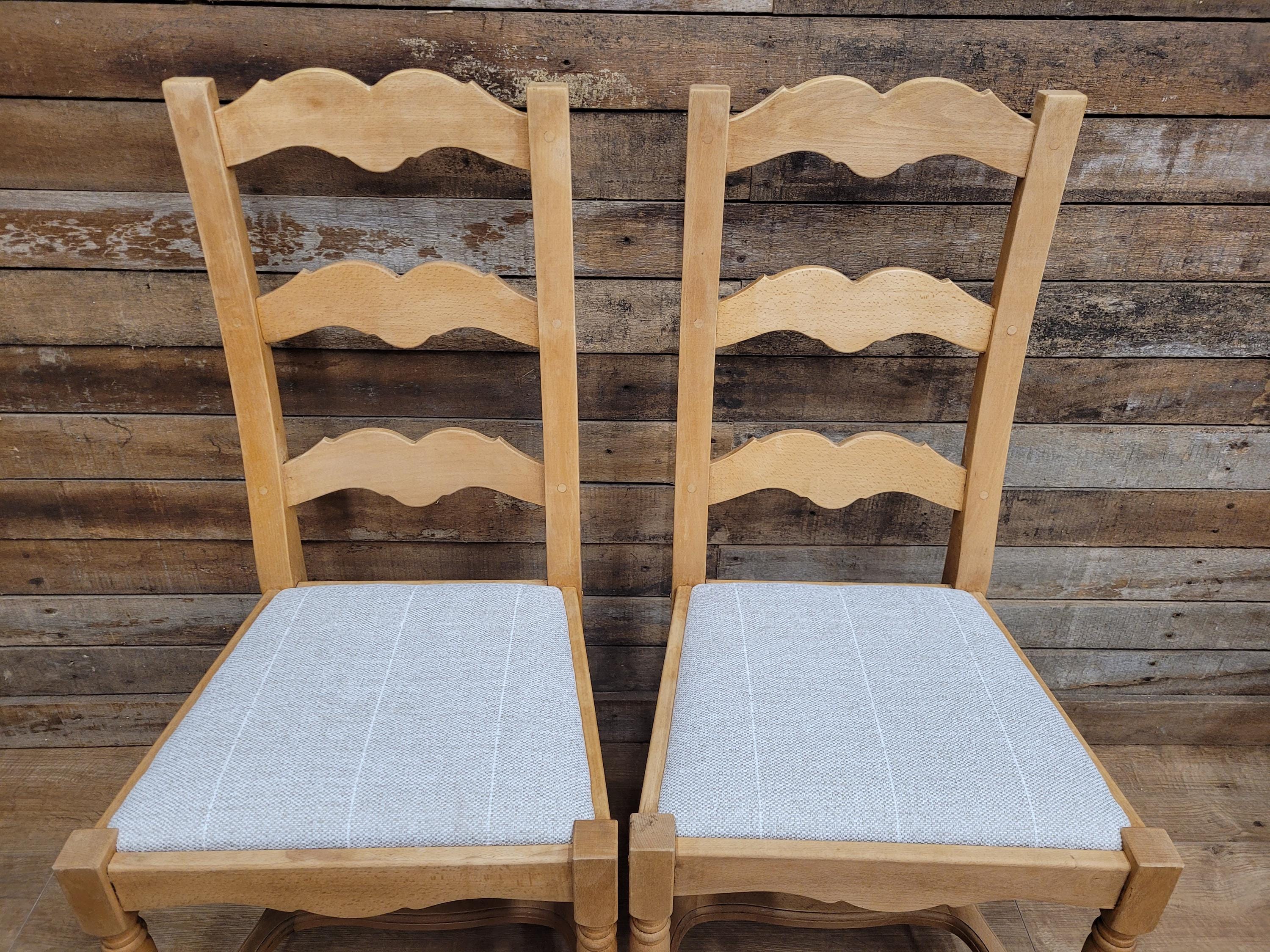 Set Of Four Beech Ladder Back Dining Chairs Upholstered Chenille Seats