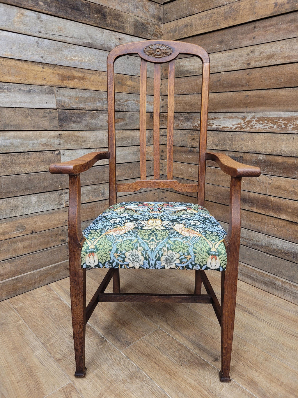 Oak Armchair Arts And Crafts William Morris Strawberry Thief Upholstered