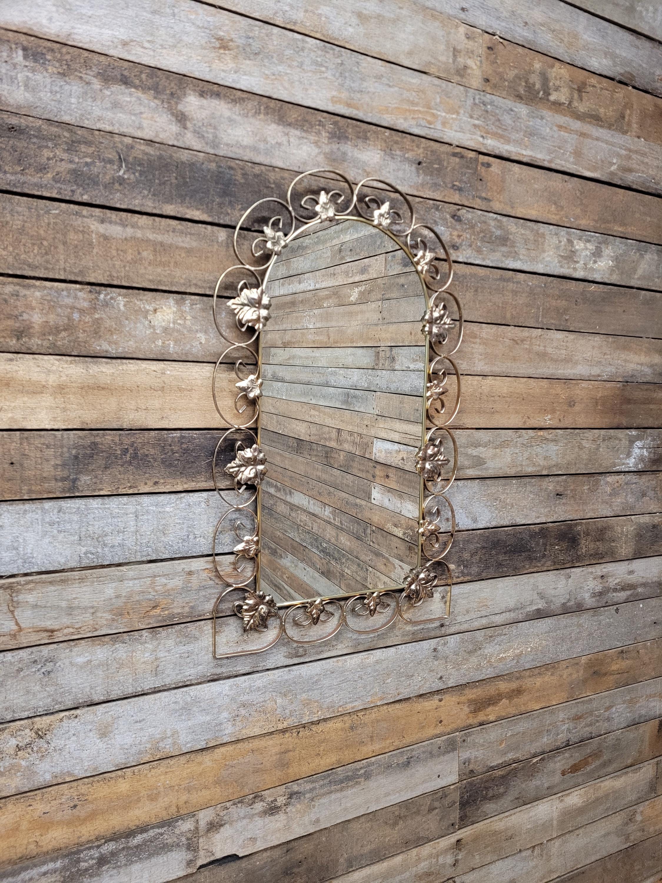 Metal Wall Mirror Vintage Arched Scrollwork Leaf Decorative