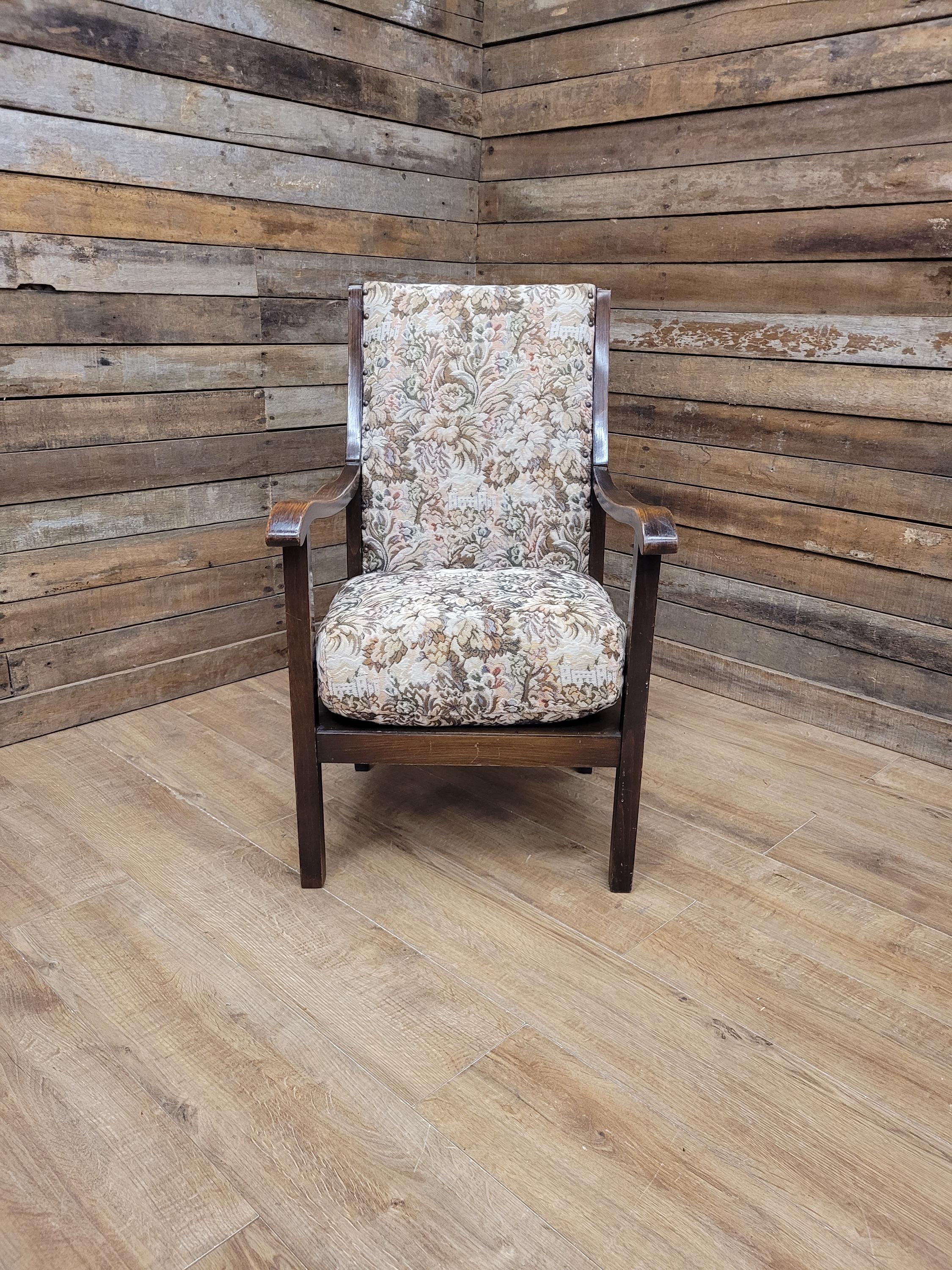Oak Armchair Arts And Crafts Tapestry Upholstered Hall Chair