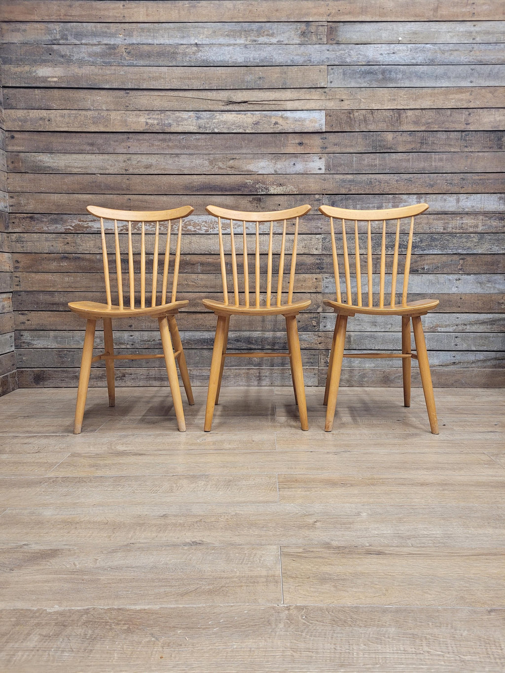 Three Blonde Windsor Dining Chairs Vintage Spindle Back Mid Century Modern
