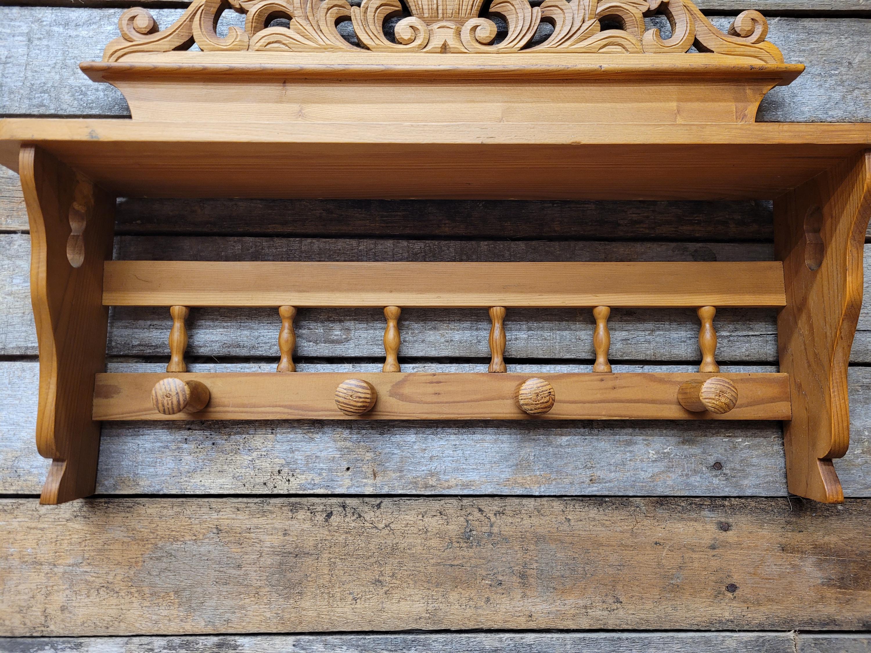 Pine Wall Shelf Carved Decorative Coat Rack With Four Peg Hooks