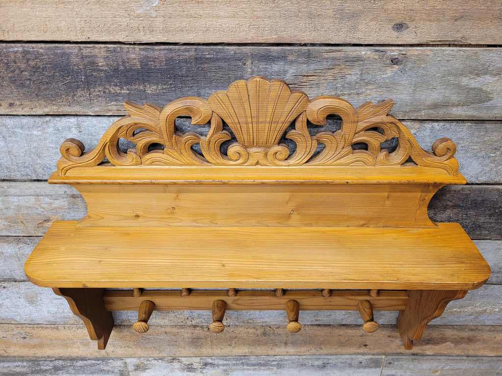 Pine Wall Shelf Carved Decorative Coat Rack With Four Peg Hooks