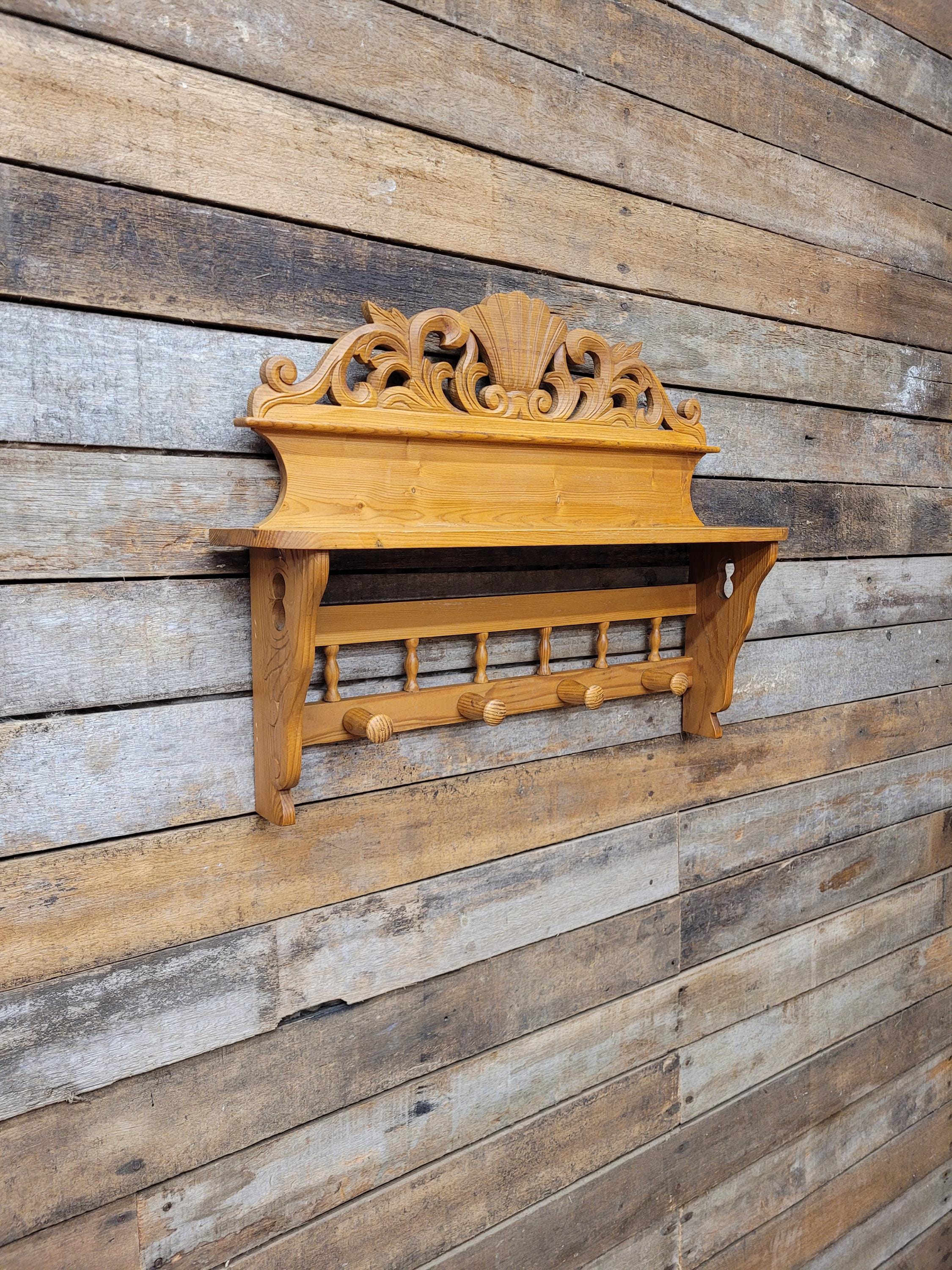 Pine Wall Shelf Carved Decorative Coat Rack With Four Peg Hooks