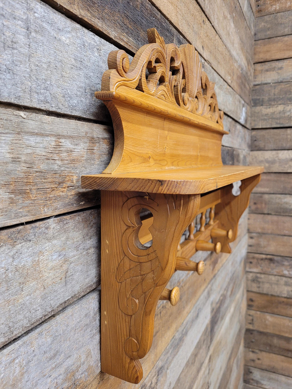 Pine Wall Shelf Carved Decorative Coat Rack With Four Peg Hooks