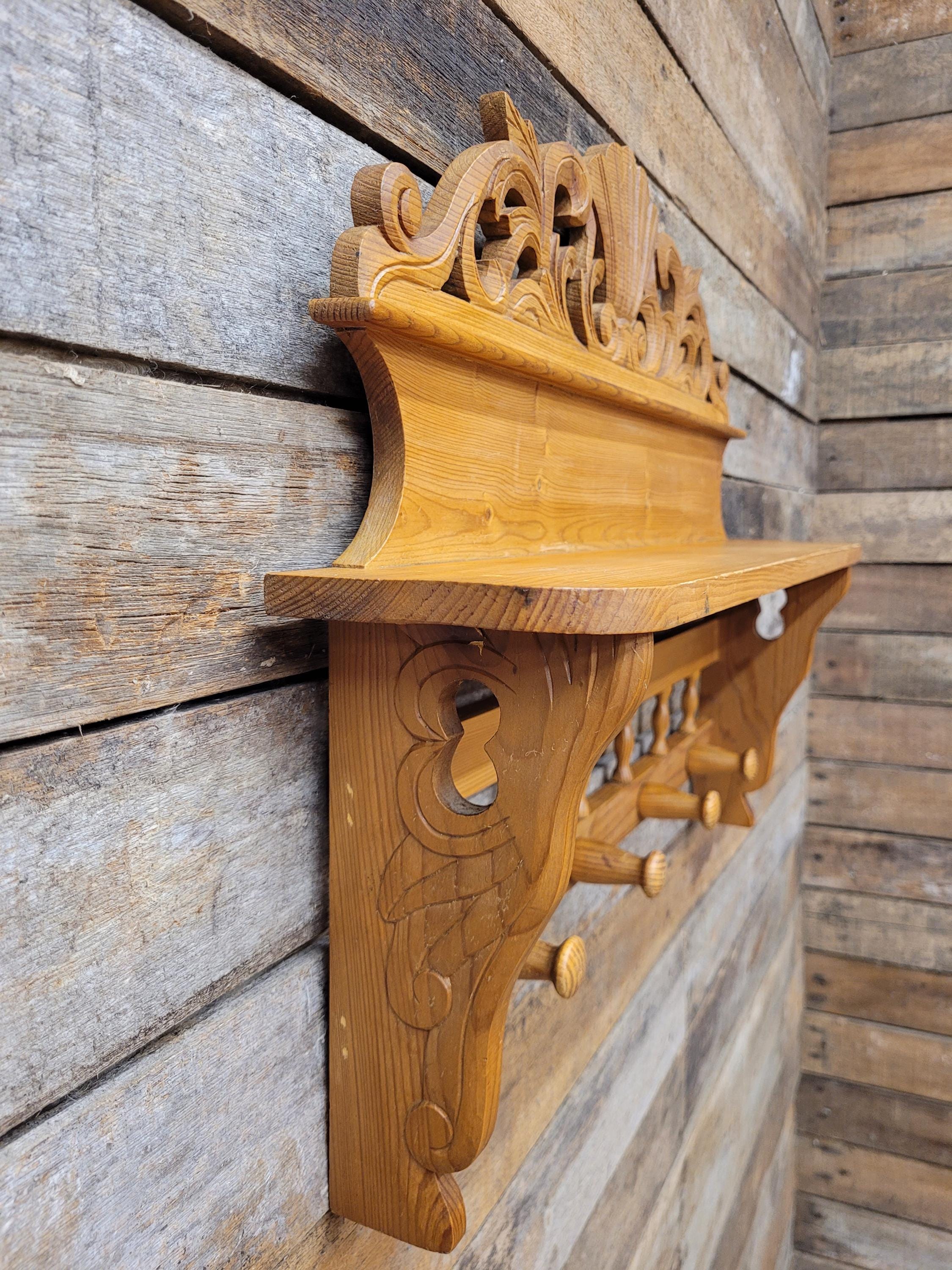 Pine Wall Shelf Carved Decorative Coat Rack With Four Peg Hooks
