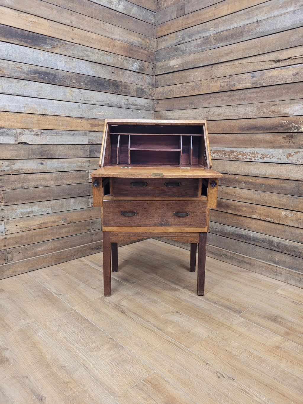 Edwardian Oak Bureau Arts Crafts Fall Front Writing Desk
