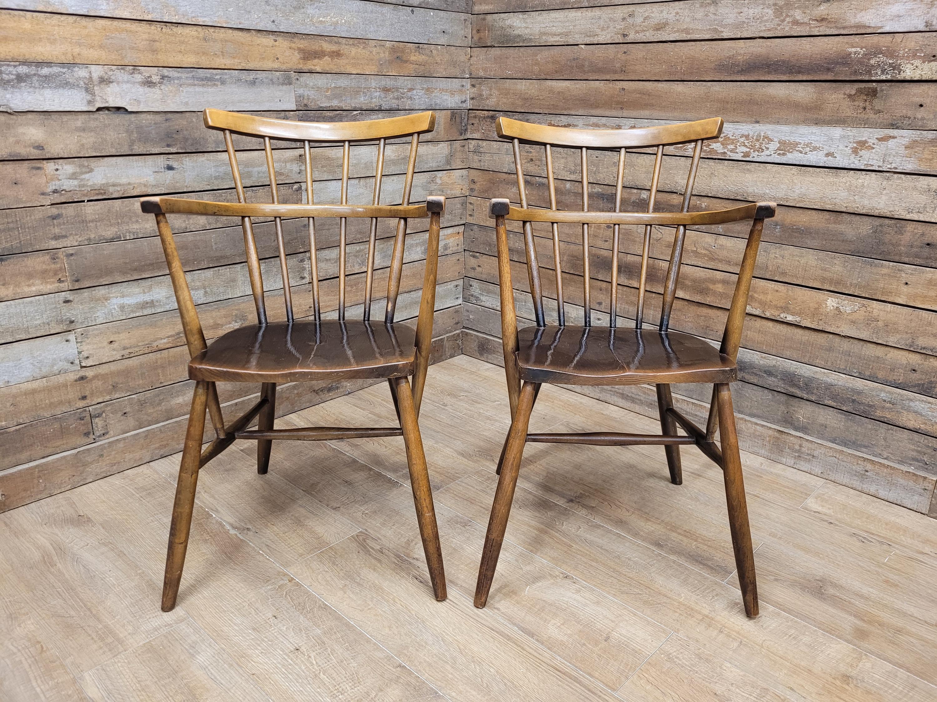 Pair Windsor Elm Beech Spindle Back Horseshoe Country Armchairs