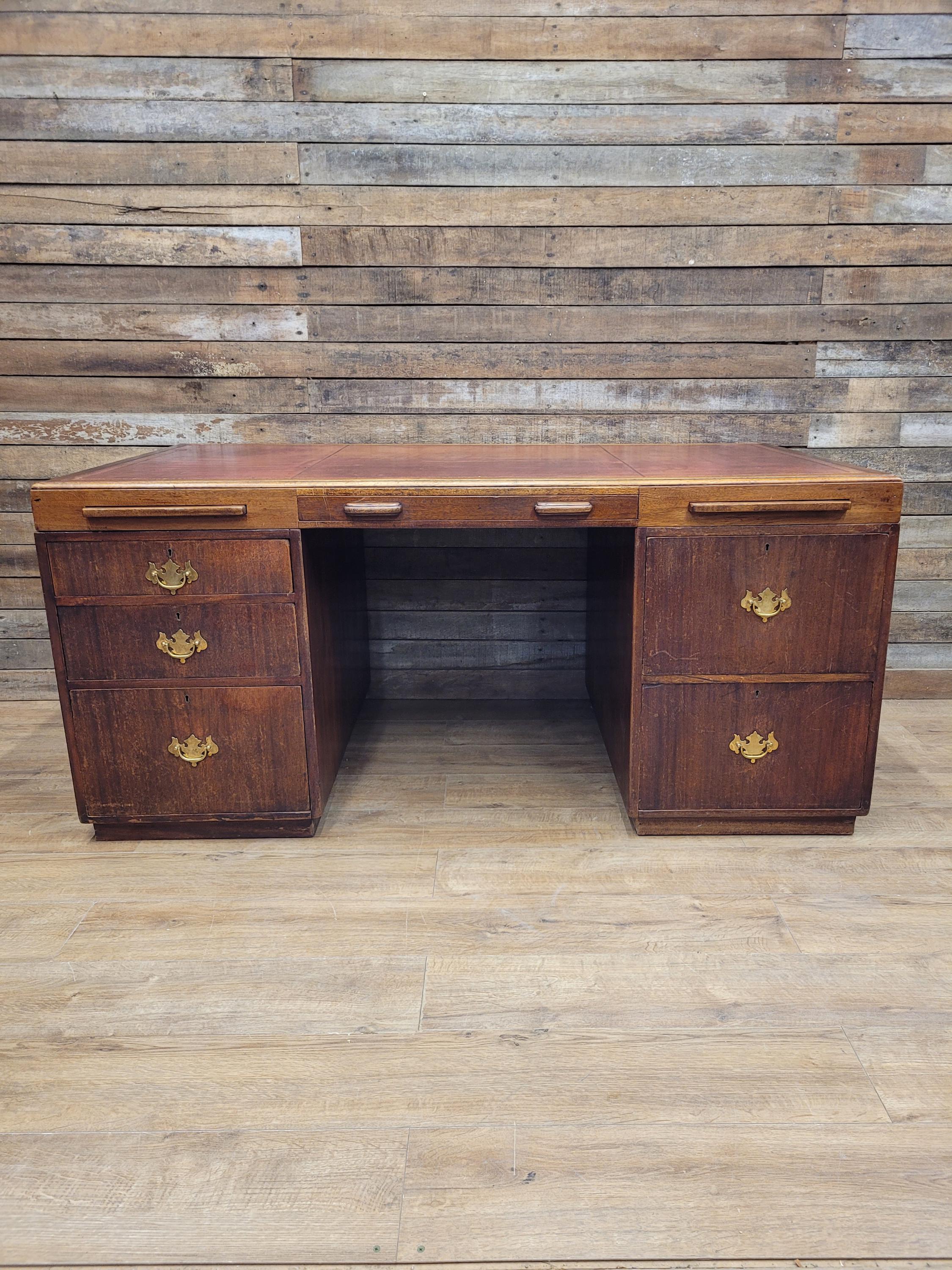 Partner Pedestal Desk Mahogany Edwardian Leather Top Twin Pedestal