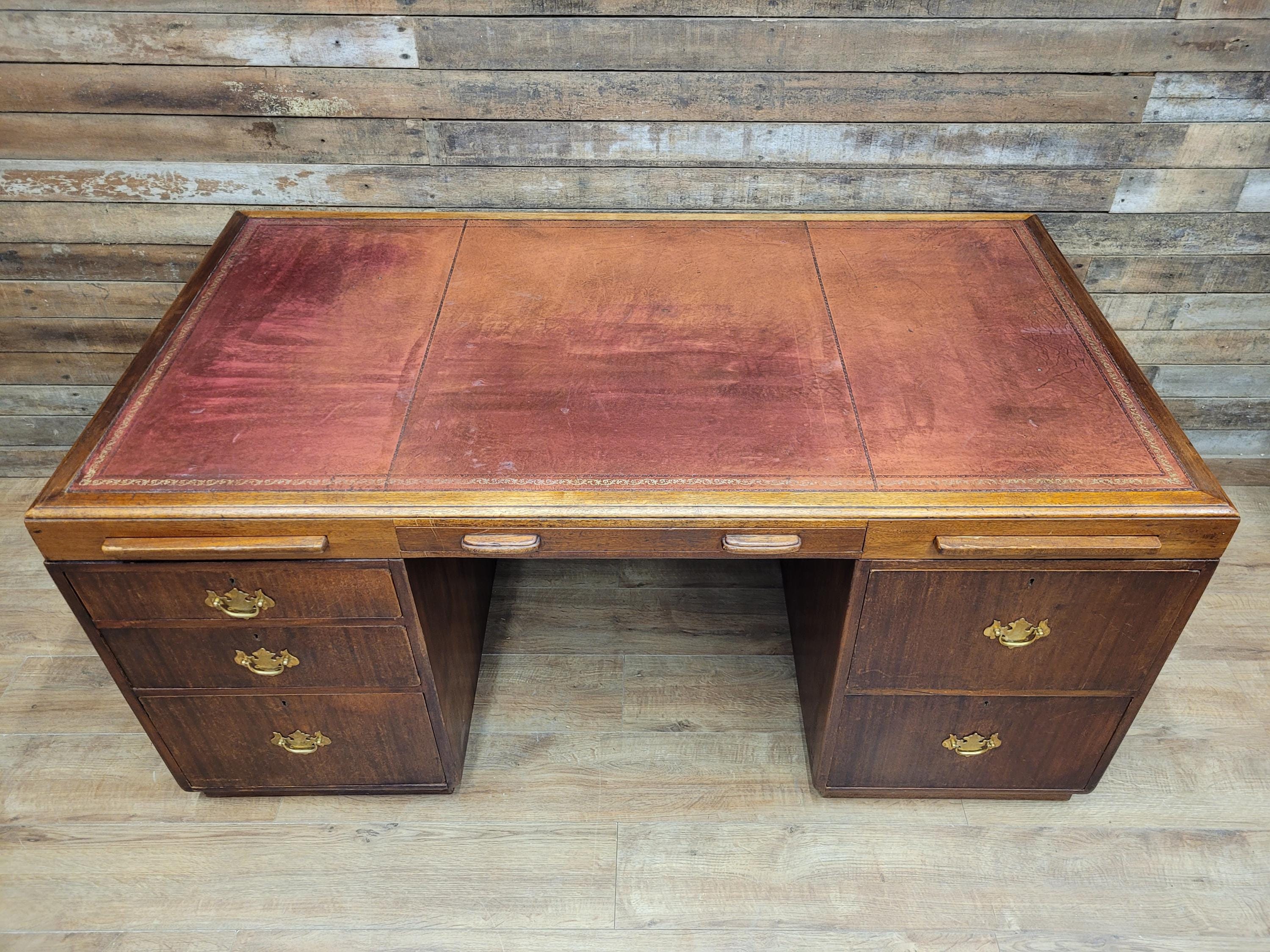Partner Pedestal Desk Mahogany Edwardian Leather Top Twin Pedestal