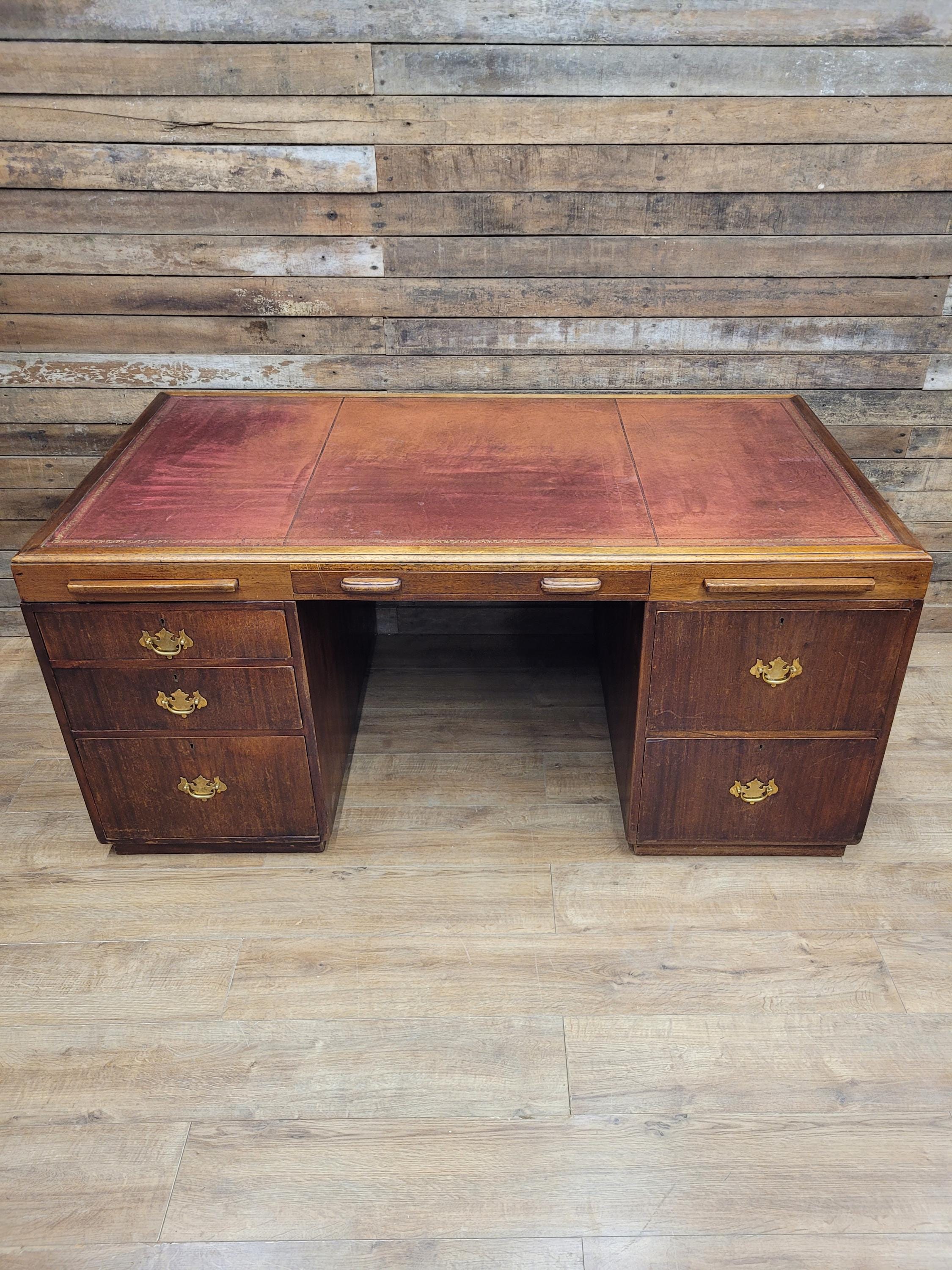 Partner Pedestal Desk Mahogany Edwardian Leather Top Twin Pedestal