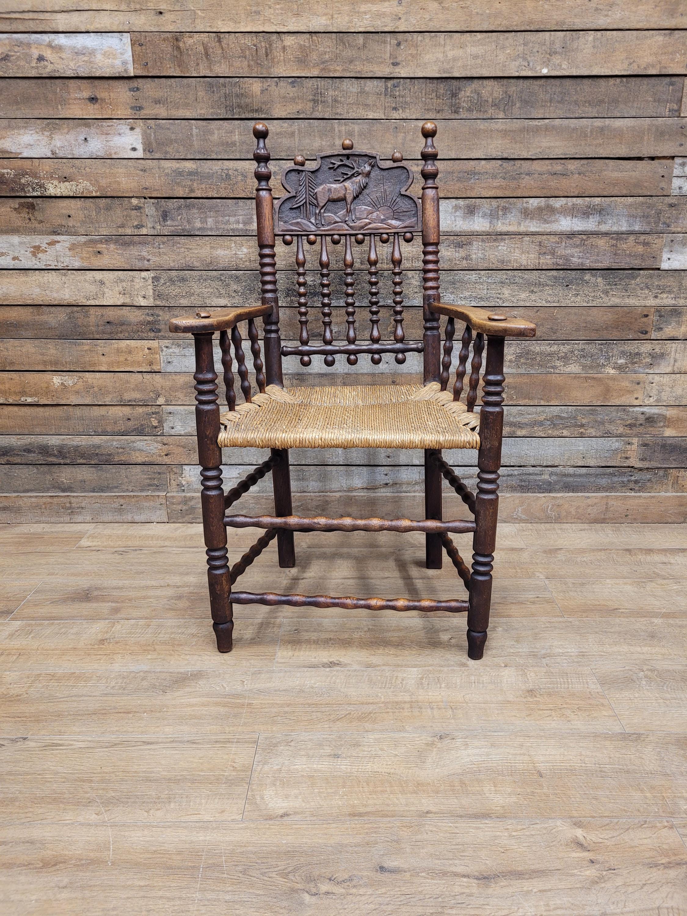 Antique Oak Armchair Victorian Carved Stag Rush Seat Bobbin Turned