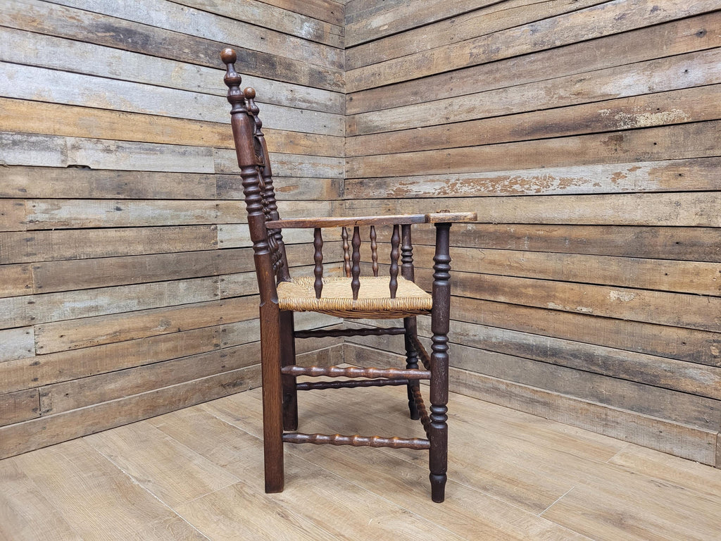 Antique Oak Armchair Victorian Carved Stag Rush Seat Bobbin Turned