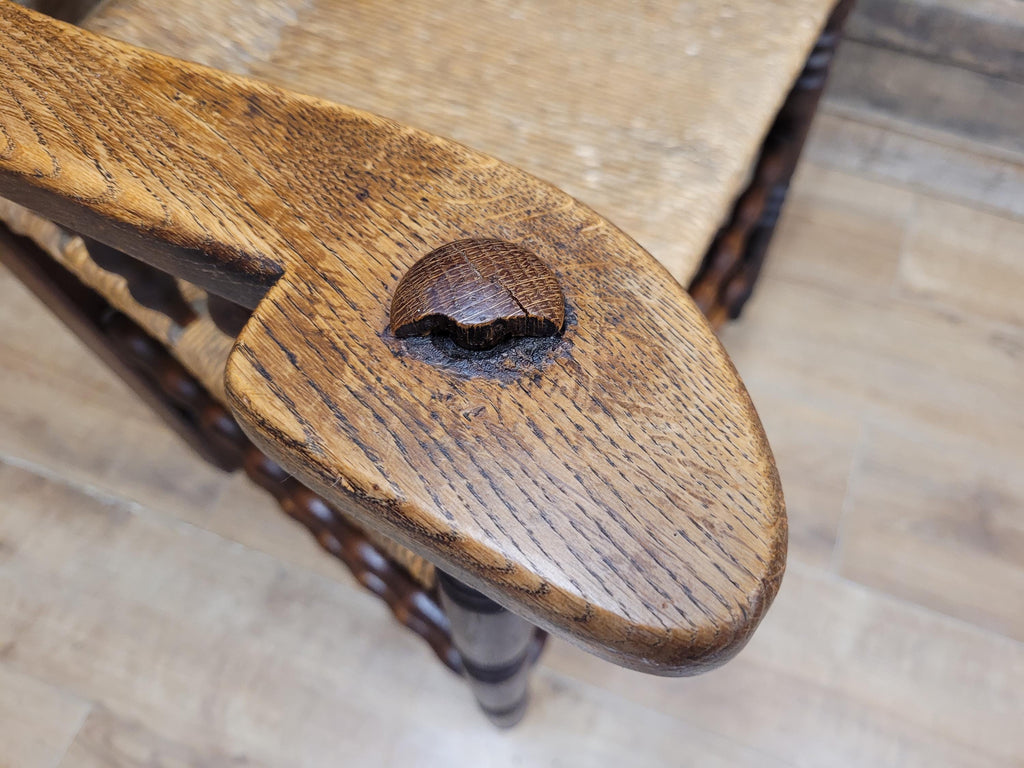 Antique Oak Armchair Victorian Carved Stag Rush Seat Bobbin Turned
